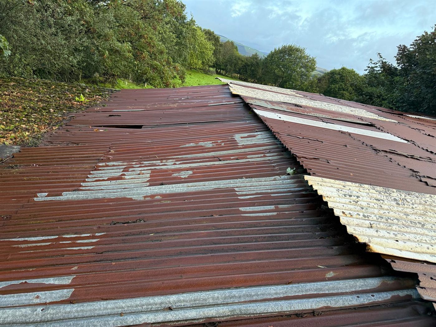 Storm damaged barn roof